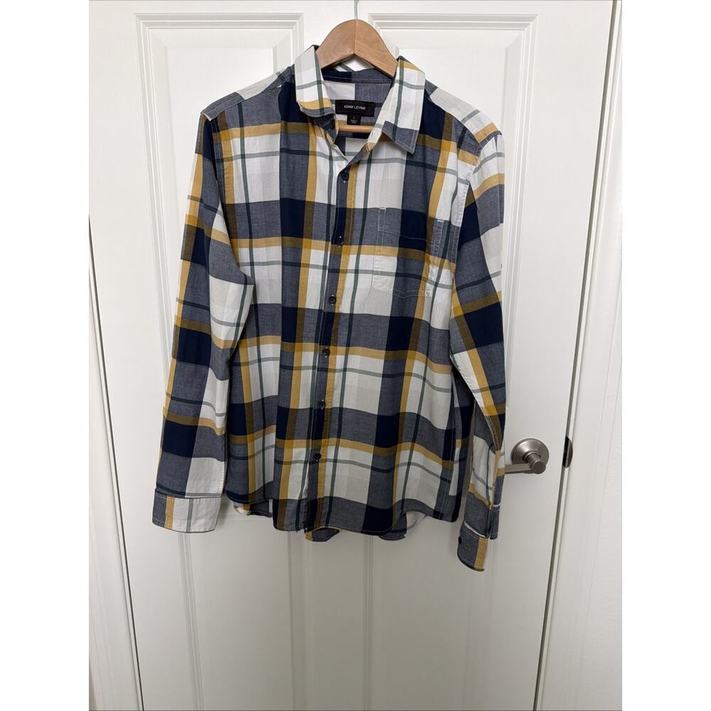 Adam Levine Button Up Shirt Mens L Plaid Long Sleeve Cotton-Blue Yellow White